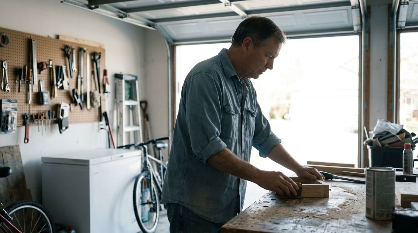 A man in his sixties working alone in a home garage workshop on a weekday morning
