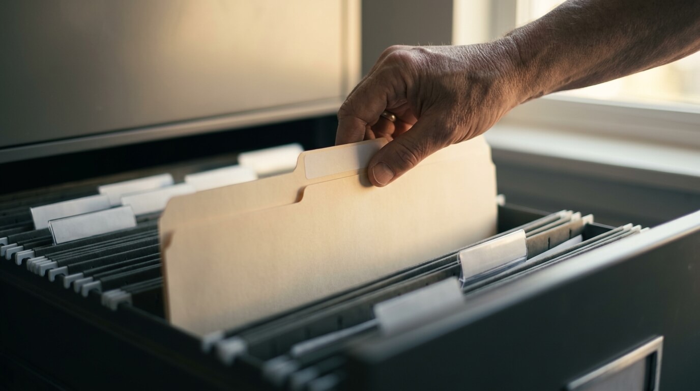 A hand sliding a plain folder into a drawer of hanging files