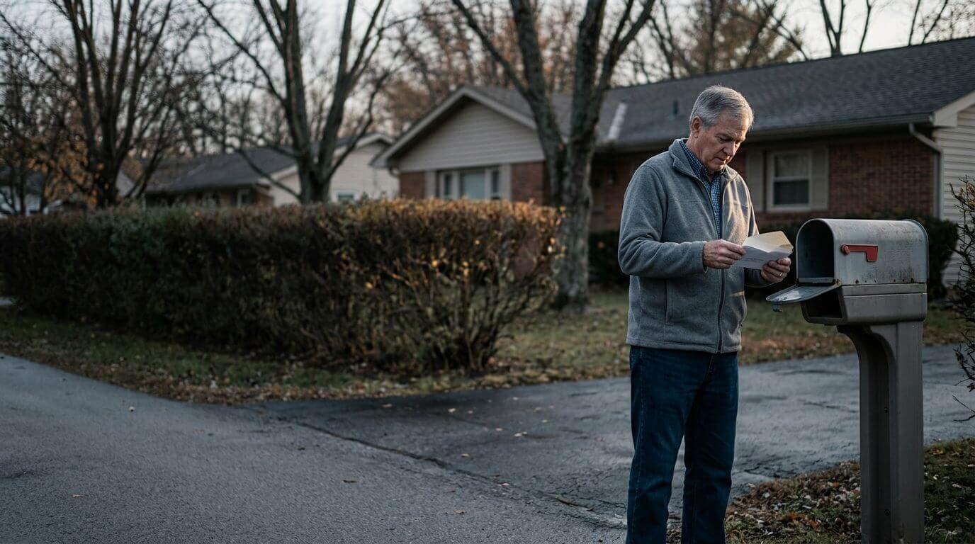 A man at the mailbox at the end of his driveway, opening an envelope