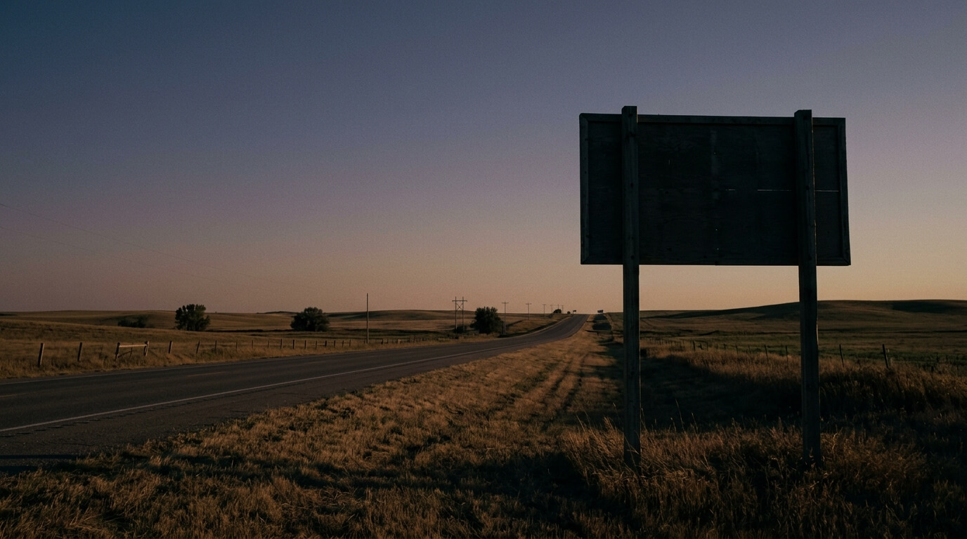 A roadside sign silhouetted against a dusk sky beside an empty rural highway