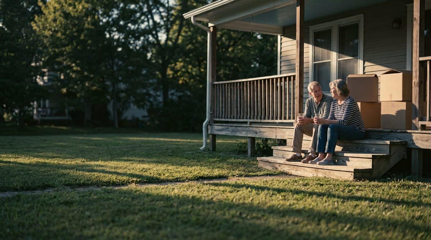 A couple in their sixties resting on the porch of a new house, moving boxes still stacked beside them